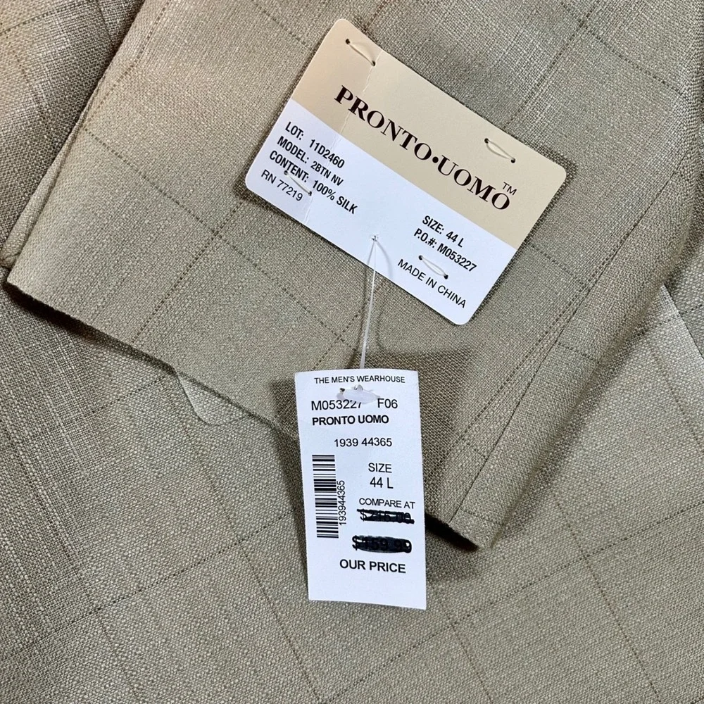Pronto Uomo Mens 44L Beige 100% Silk Windowpane Two Button Blazer Sport Coat NEW